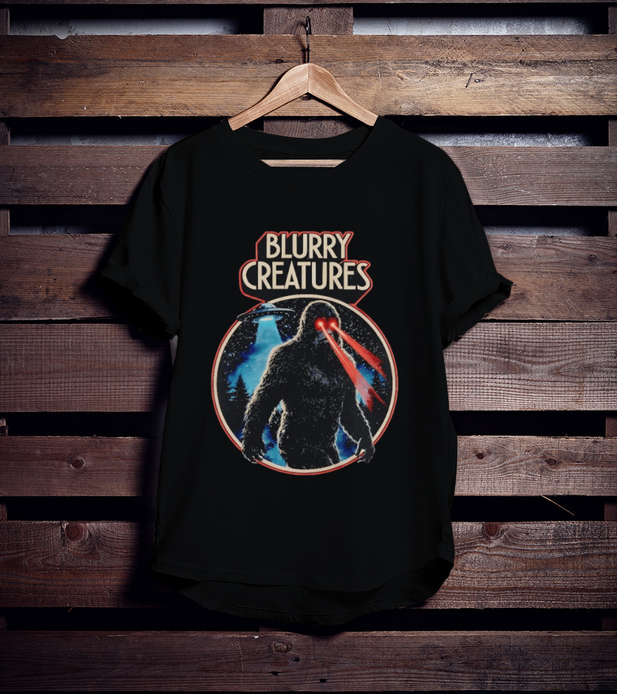 Blurry Creatures Bigfoot Laser Eyes UFO Forest T-Shirt