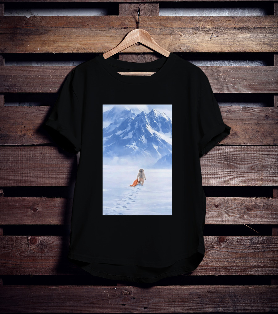 Monkey Holding Stuffed Monkey Alone Walking In Snowy Mountains T-Shirt