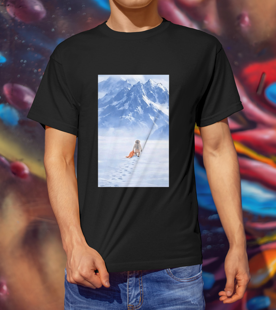 Monkey Holding Stuffed Monkey Alone Walking In Snowy Mountains T-Shirt