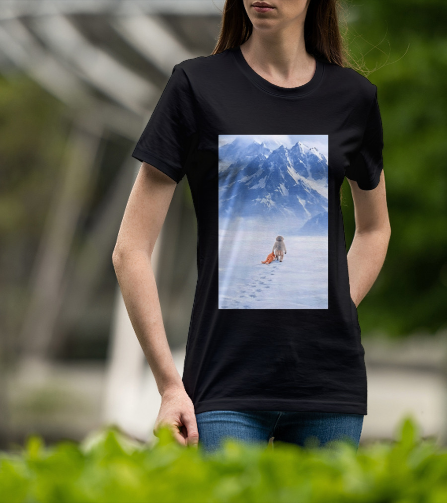 Monkey Holding Stuffed Monkey Alone Walking In Snowy Mountains T-Shirt