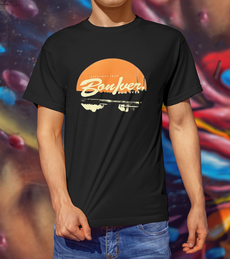Greetings From Bon Iver Boniver Text Semi Circle Orange T-Shirt