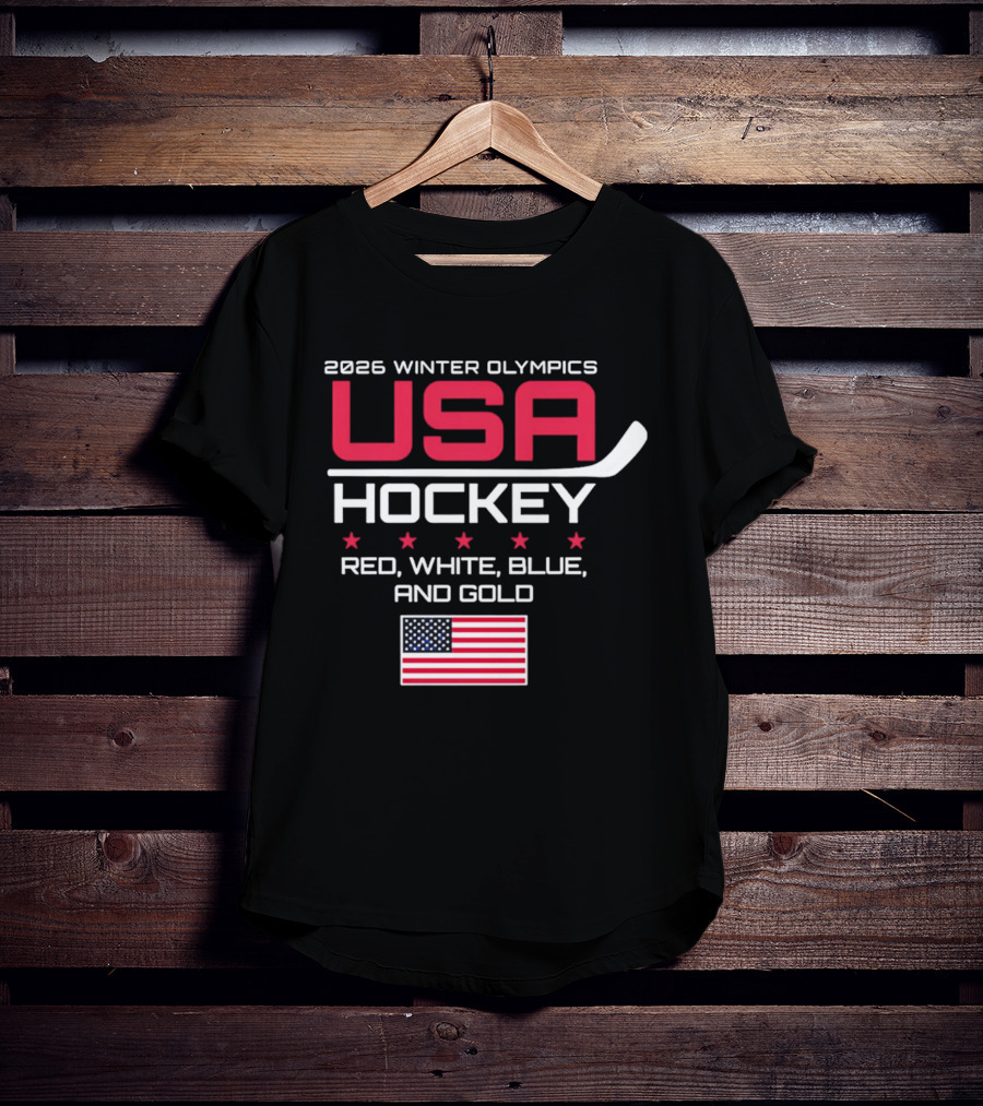 2026 Winter Olympics USA Hockey Red White Blue And Gold American Flag T-Shirt