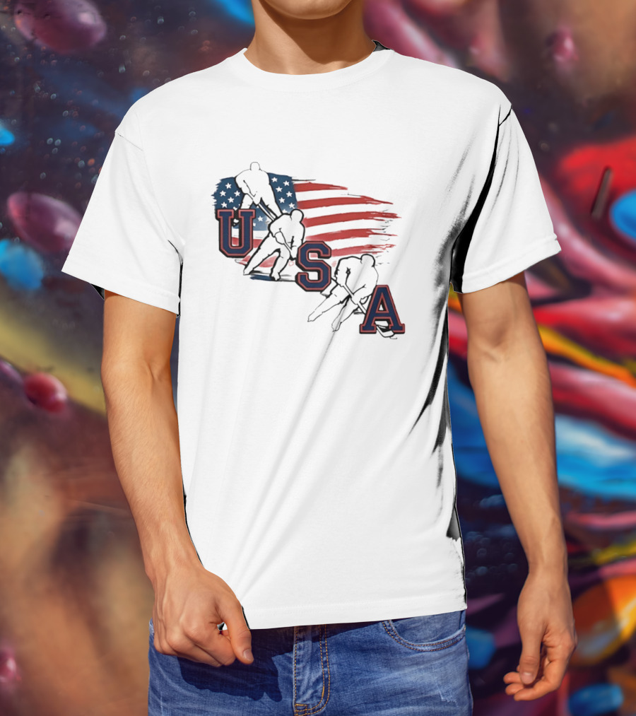 USA Olympic Gold Medal Hockey American Flag Hockey Players T-Shirt