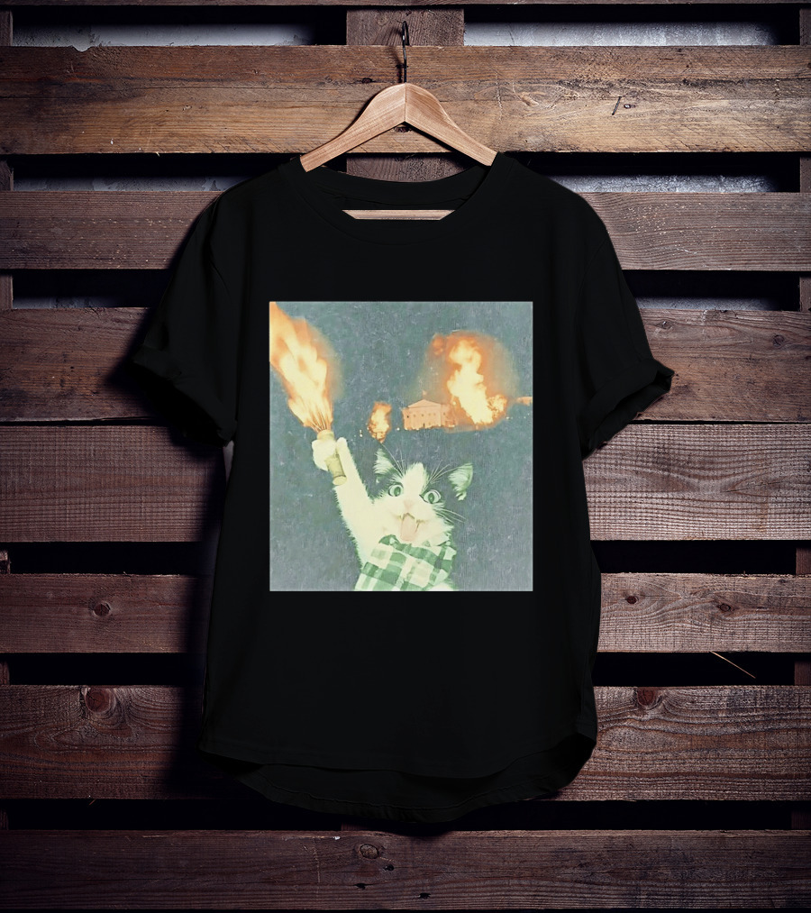 Rebellious Cat Riot Scene With Flaming T-Shirt