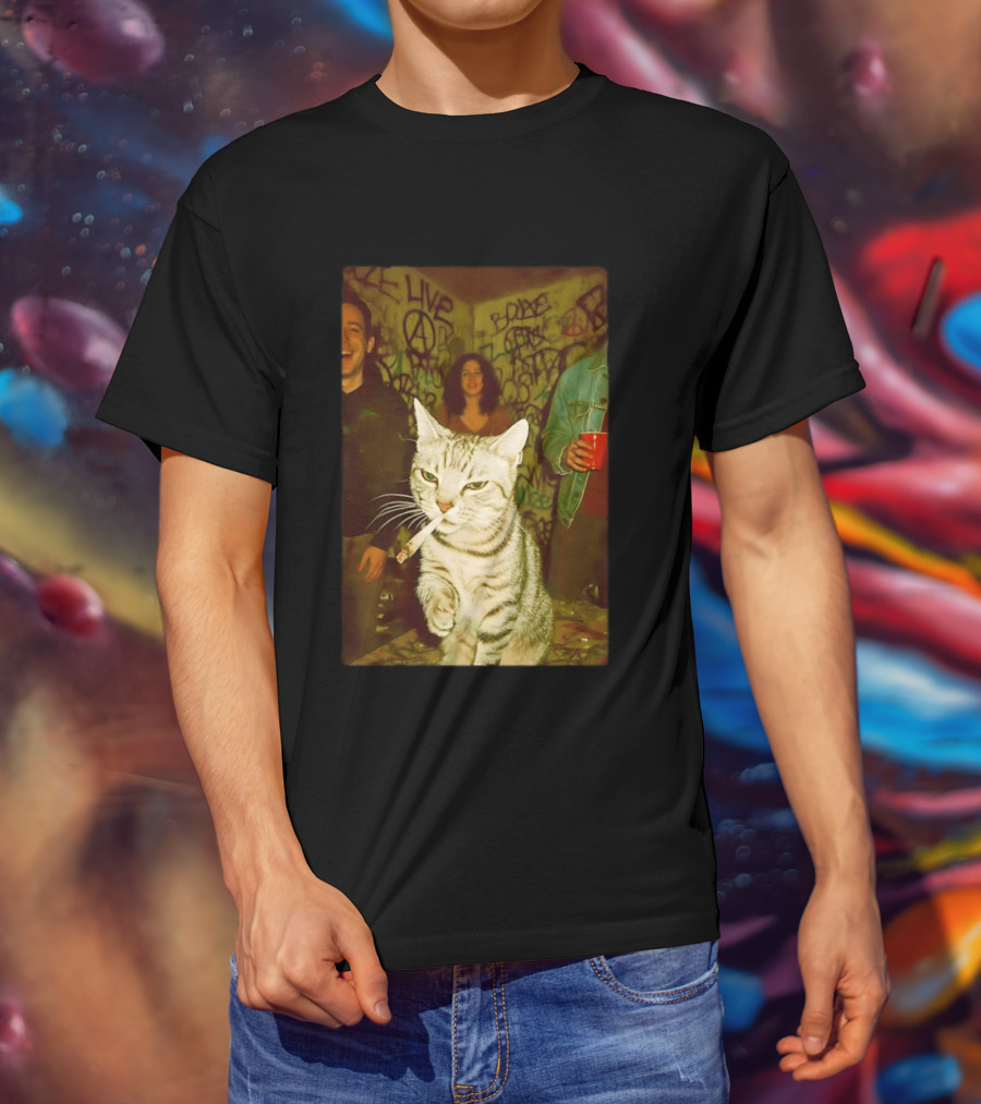 Smoking Tabby Cat Live Punk Party Scene T-Shirt