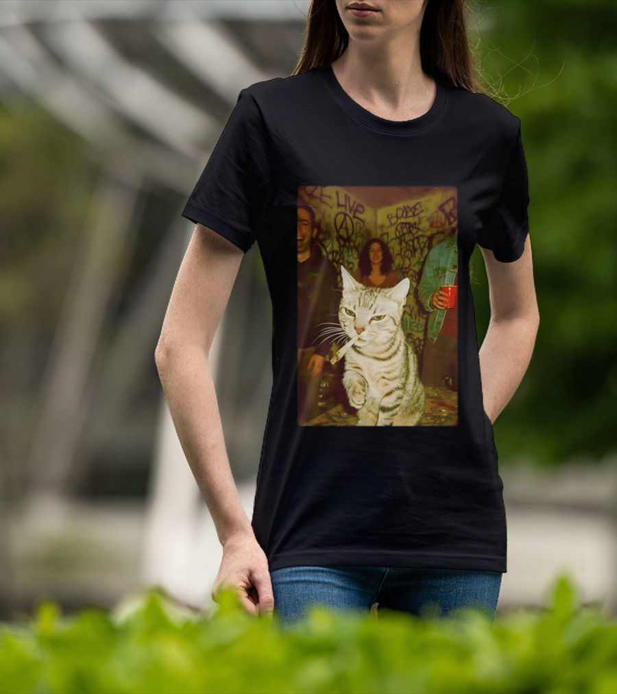 Smoking Tabby Cat Live Punk Party Scene T-Shirt