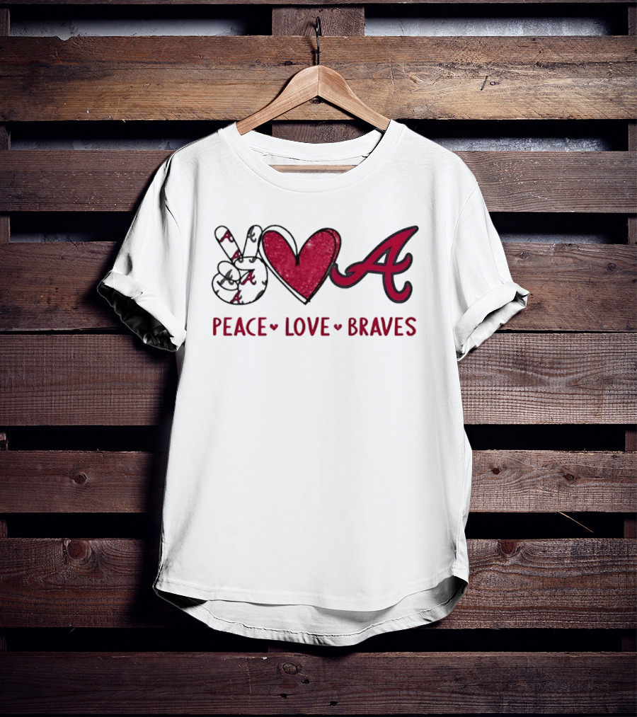 Atlanta Braves Peace Love Hand Sign Heart Shape T-Shirt