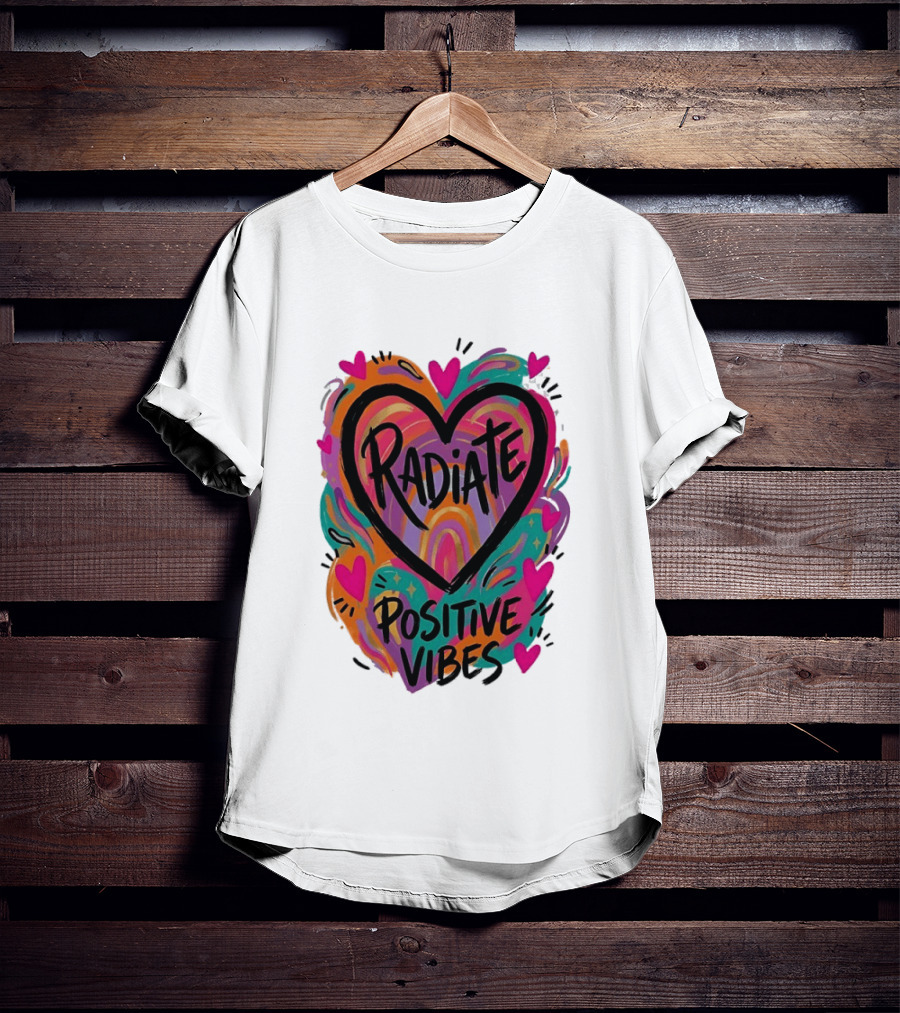 Radiate Positive Vibes Colorful Heart Shape T-Shirt