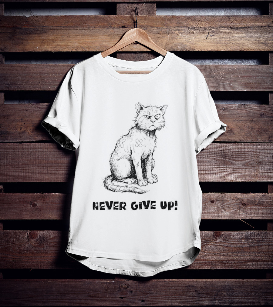 Cat Never Give Up Resilient Sketch Cat T-Shirt