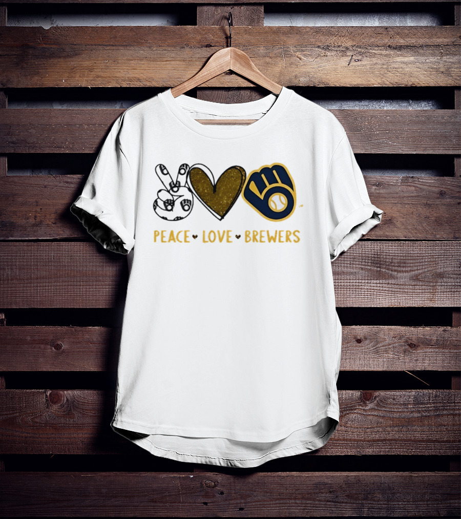 Milwaukee Brewers Peace Love Hand Sign Heart Shape T-Shirt