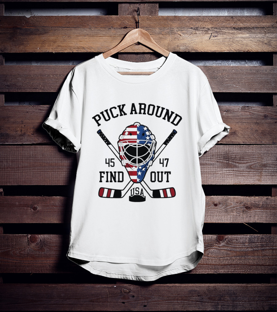 Puck Around Find Out USA Stars Stripes Helmet 45 47 Hockey T-Shirt
