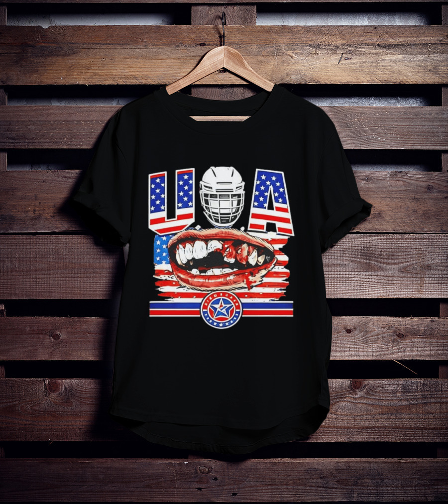 USA Hockey Helmet Bloody Teeth Mouth Stars Stripes Flag T-Shirt