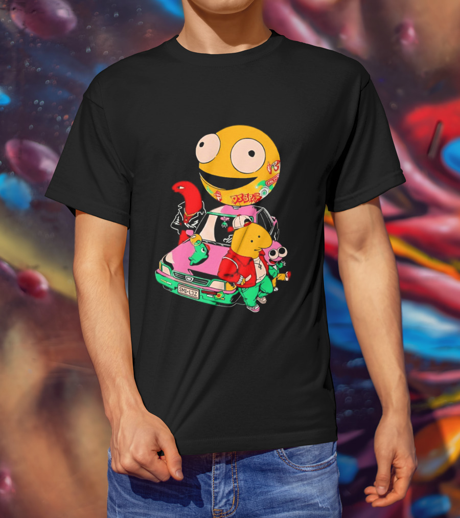 Pac Man Inspired Japanese Characters And Vintage Car Adventure T-Shirt