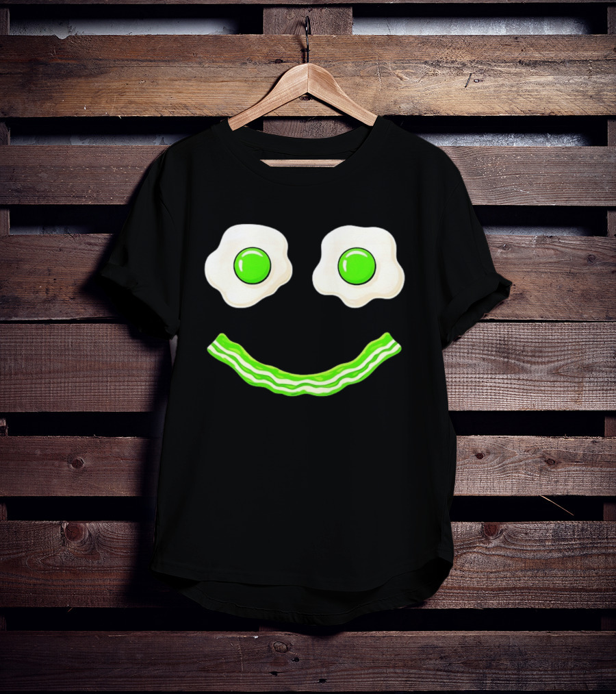 Green Smile Face Eggs And Bacon Ham Breakfast Fun Food Expression T-Shirt