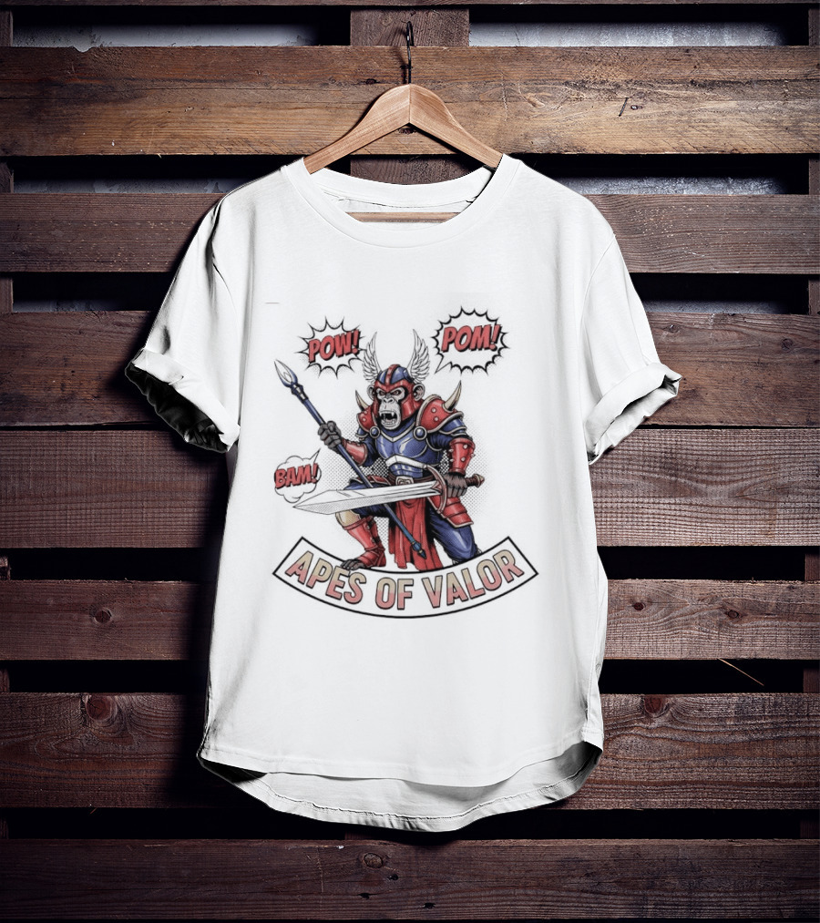 Apes Of Valor Pow Pom Bam Warrior Armor Battle Scene T-Shirt
