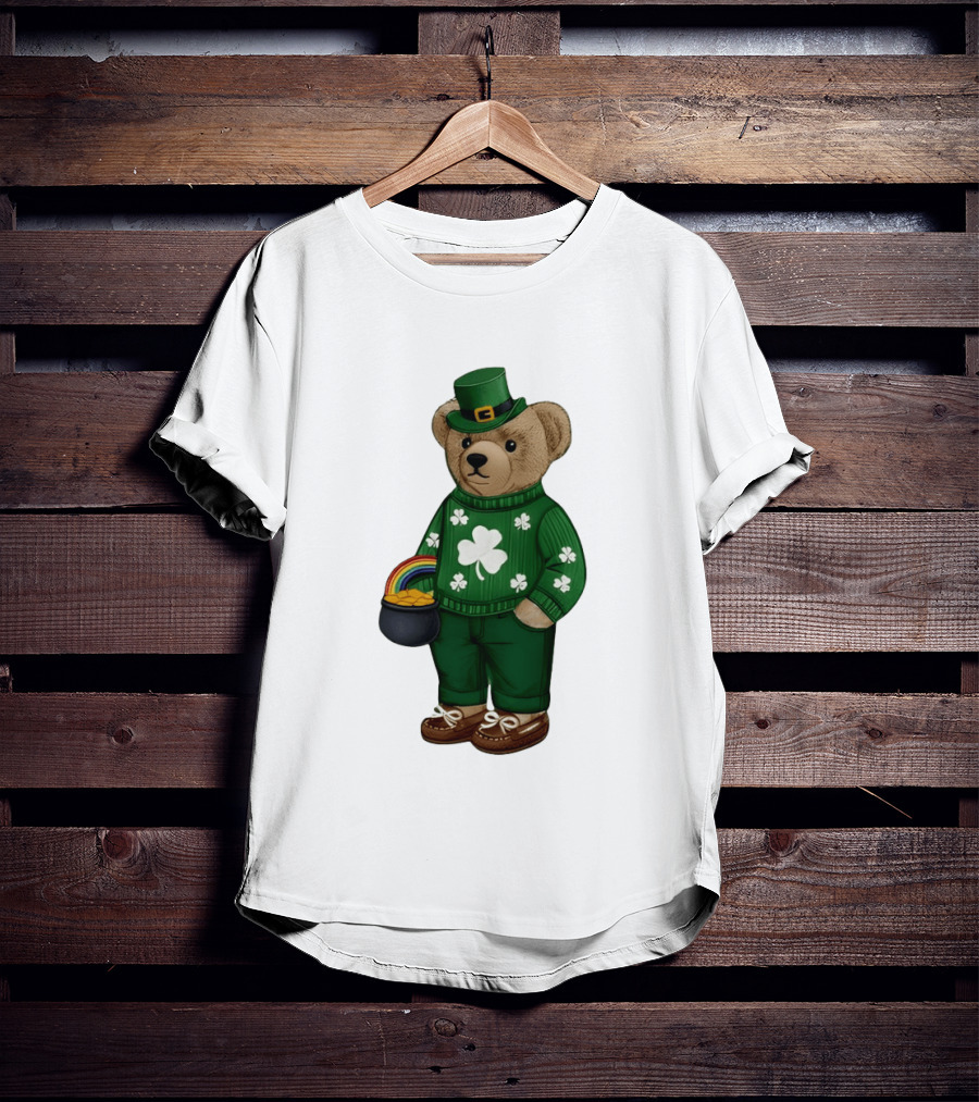 Lucky Teddy Bear Irish St Patricks Day Clover Rainbow Pot Of Gold T-Shirt