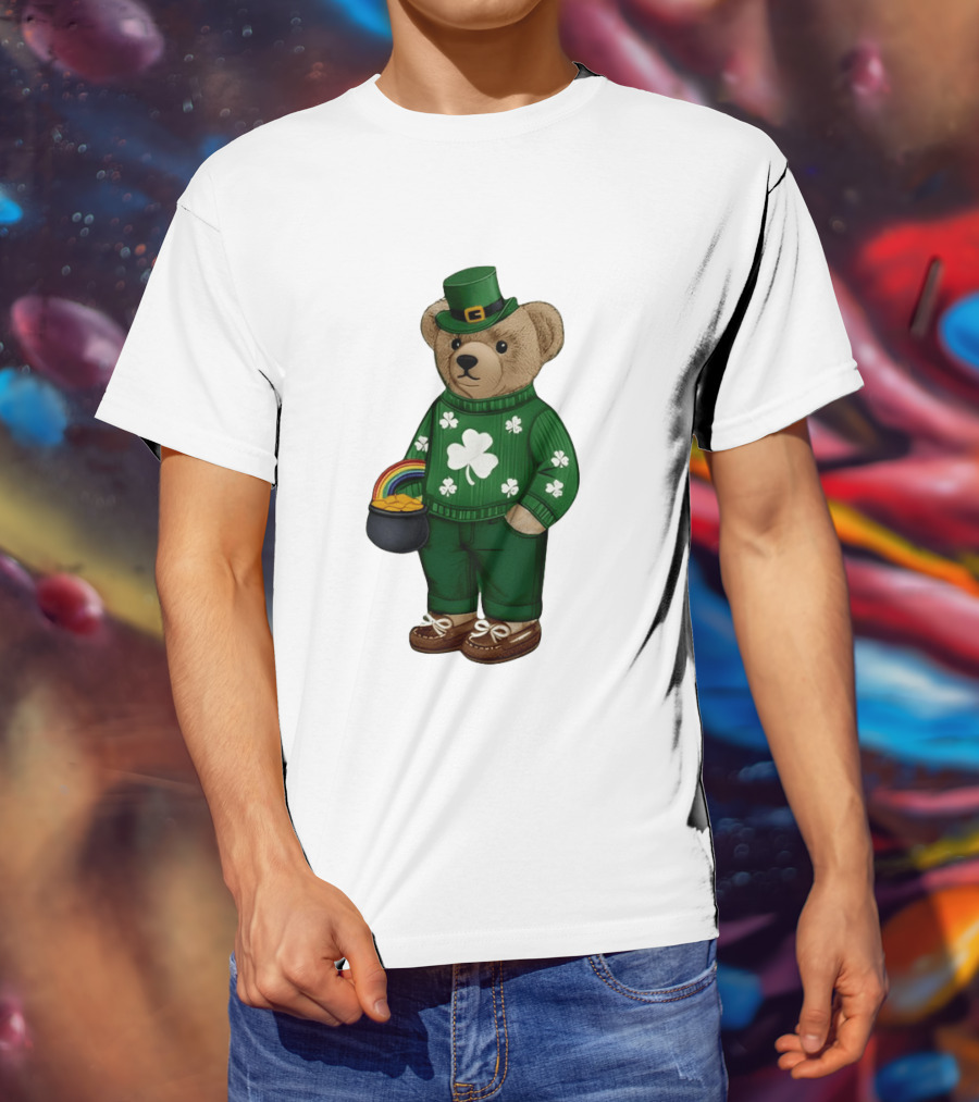 Lucky Teddy Bear Irish St Patricks Day Clover Rainbow Pot Of Gold T-Shirt