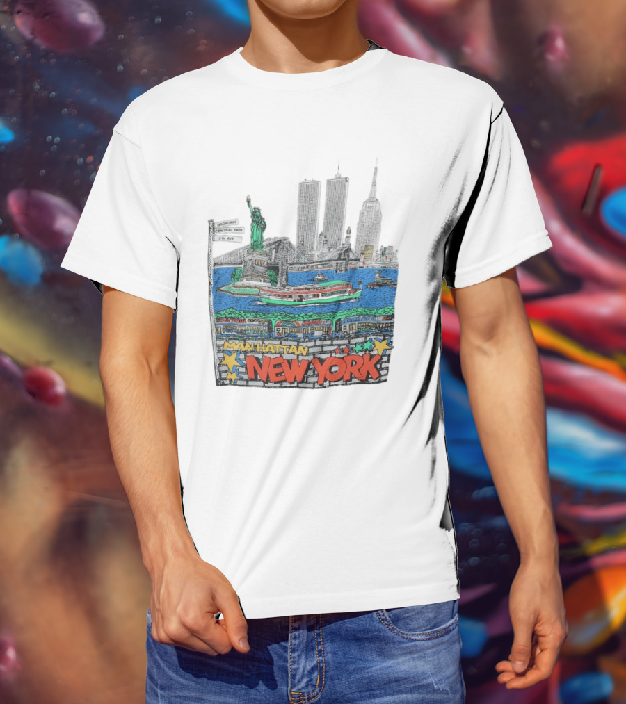 Statue Of Liberty Brooklyn Bridge Broadway Central Park 5th Ave Manhattan New York Skyline T-Shirt