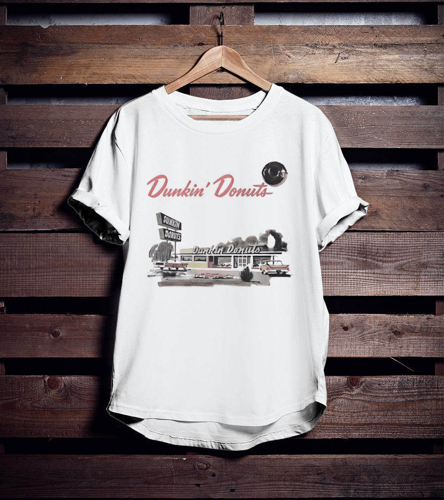 Dunkin Donuts Retro Vintage Coffee Shop Neon Sign And Classic Car Scene T-Shirt