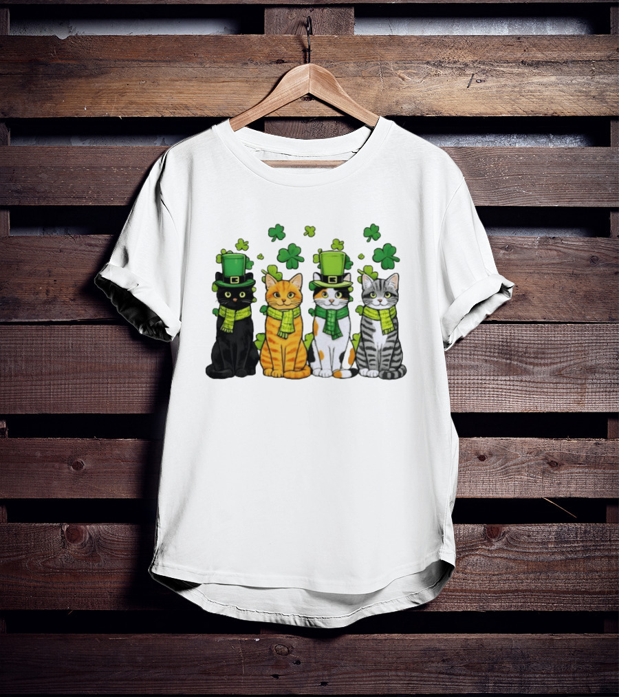 St Catrick's Day Black Cat Orange Tabby Cat Calico Cat And Gray Tabby Cat With Shamrocks And Green St Patrick's Hats T-Shirt