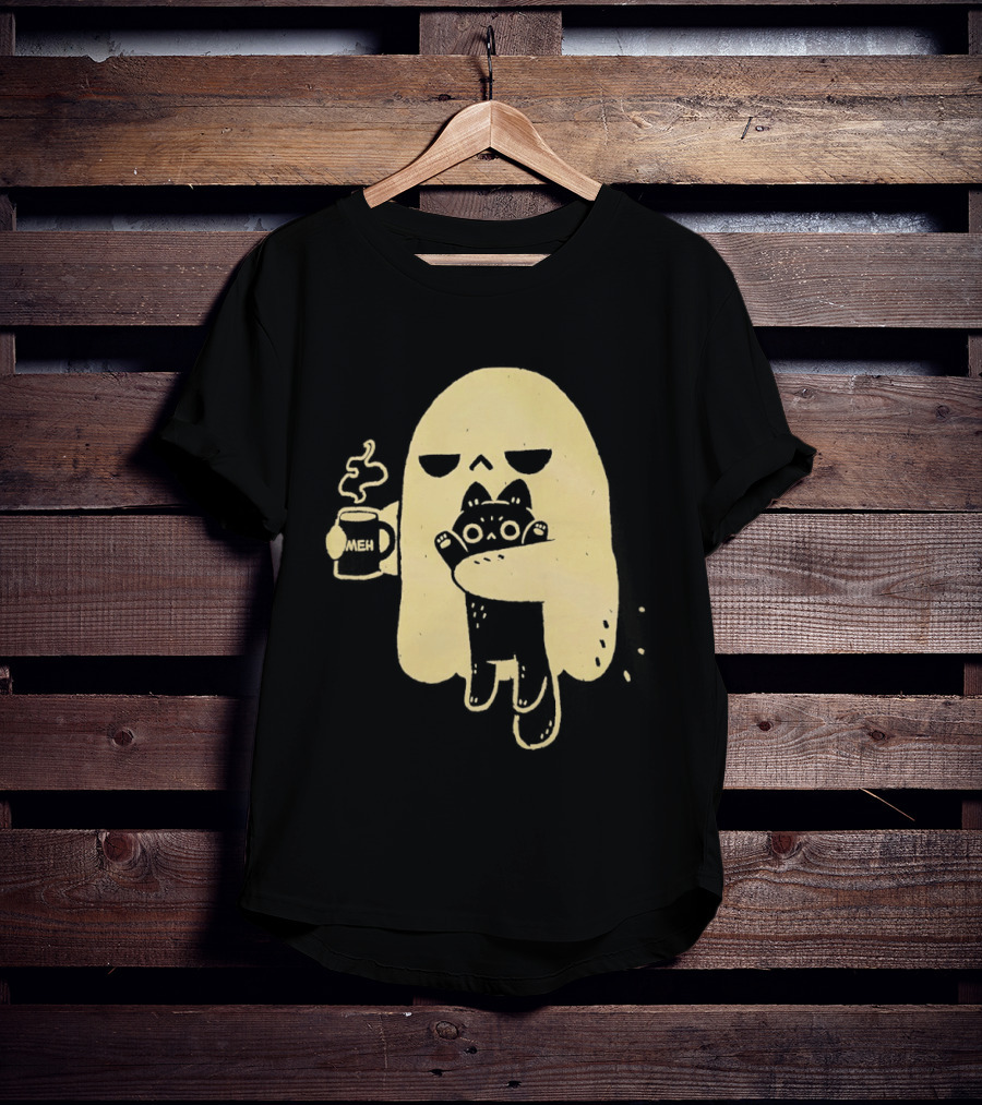 Ghost With Cat And Coffee Cup T-Shirt