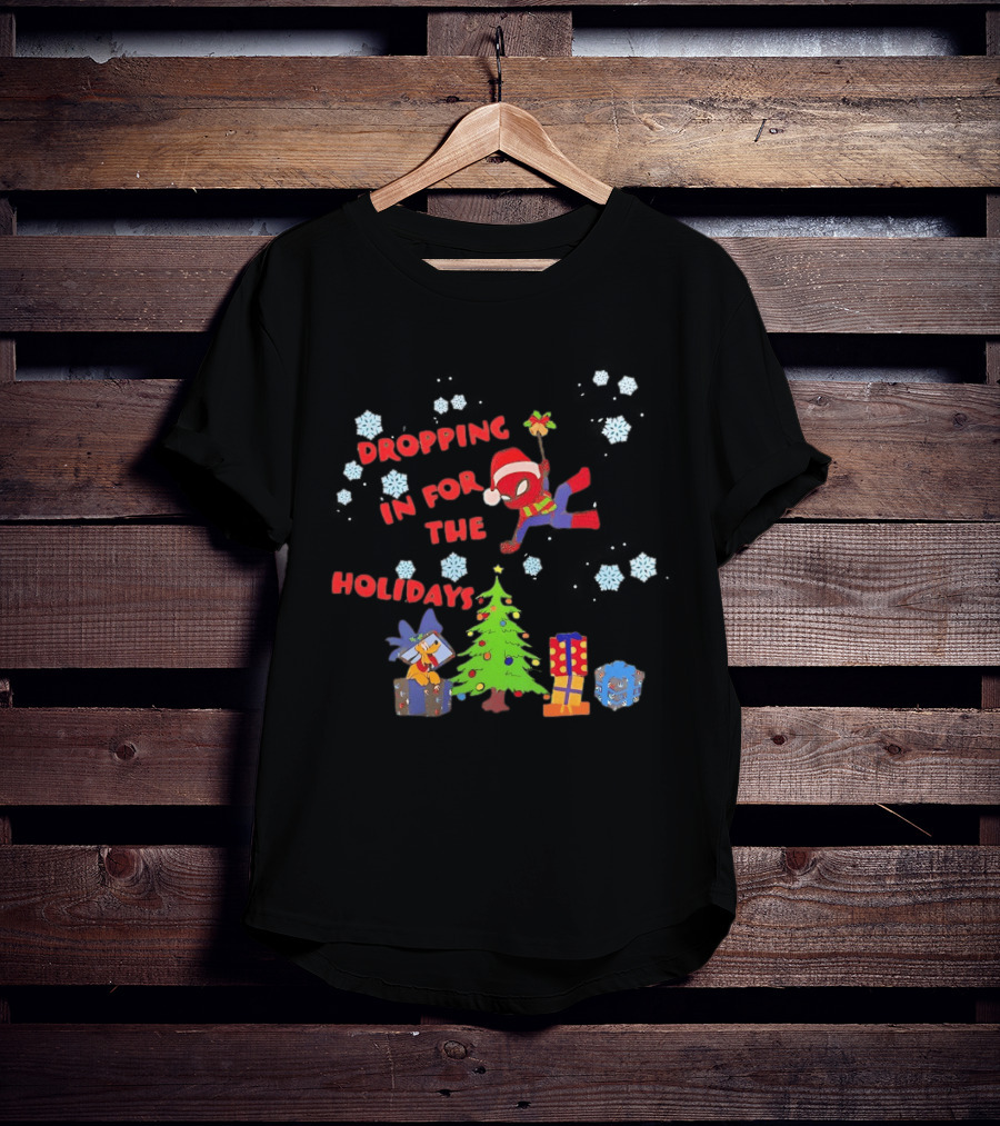 Spider Man Dropping In For The Holidays Christmas Tree Presents Snowflakes T-Shirt