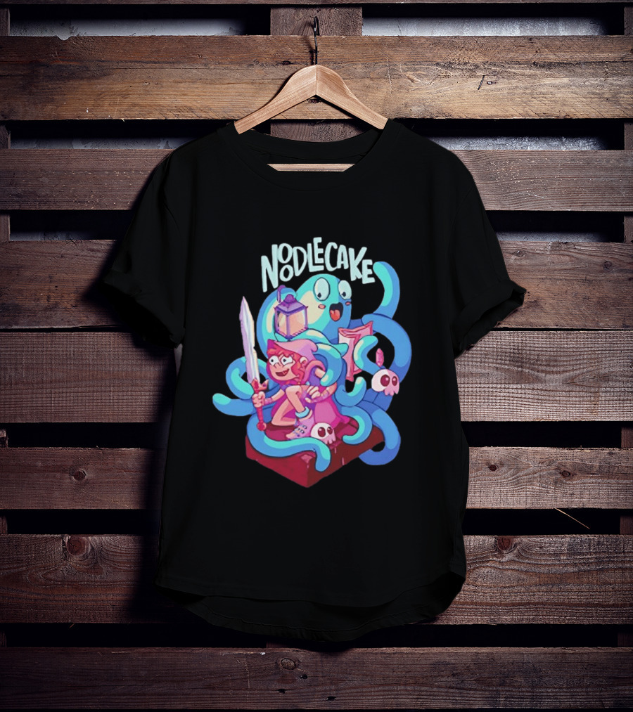 Noodlecake Cartoon Adventurer And Ghost With Sword And Skulls T-Shirt