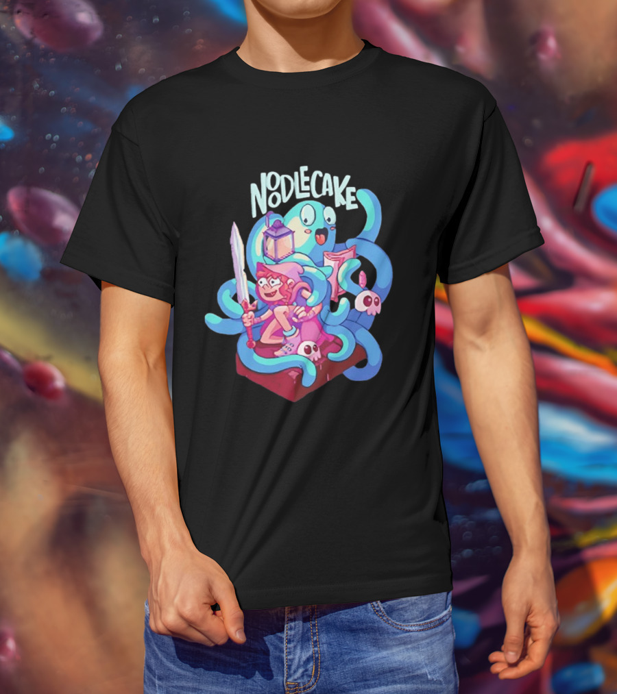 Noodlecake Cartoon Adventurer And Ghost With Sword And Skulls T-Shirt