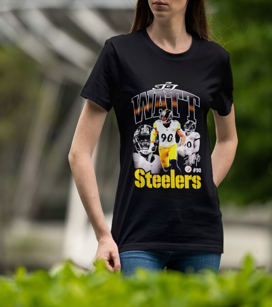 T.J. Watt Steelers #90 Triple Image With Signature T-Shirt