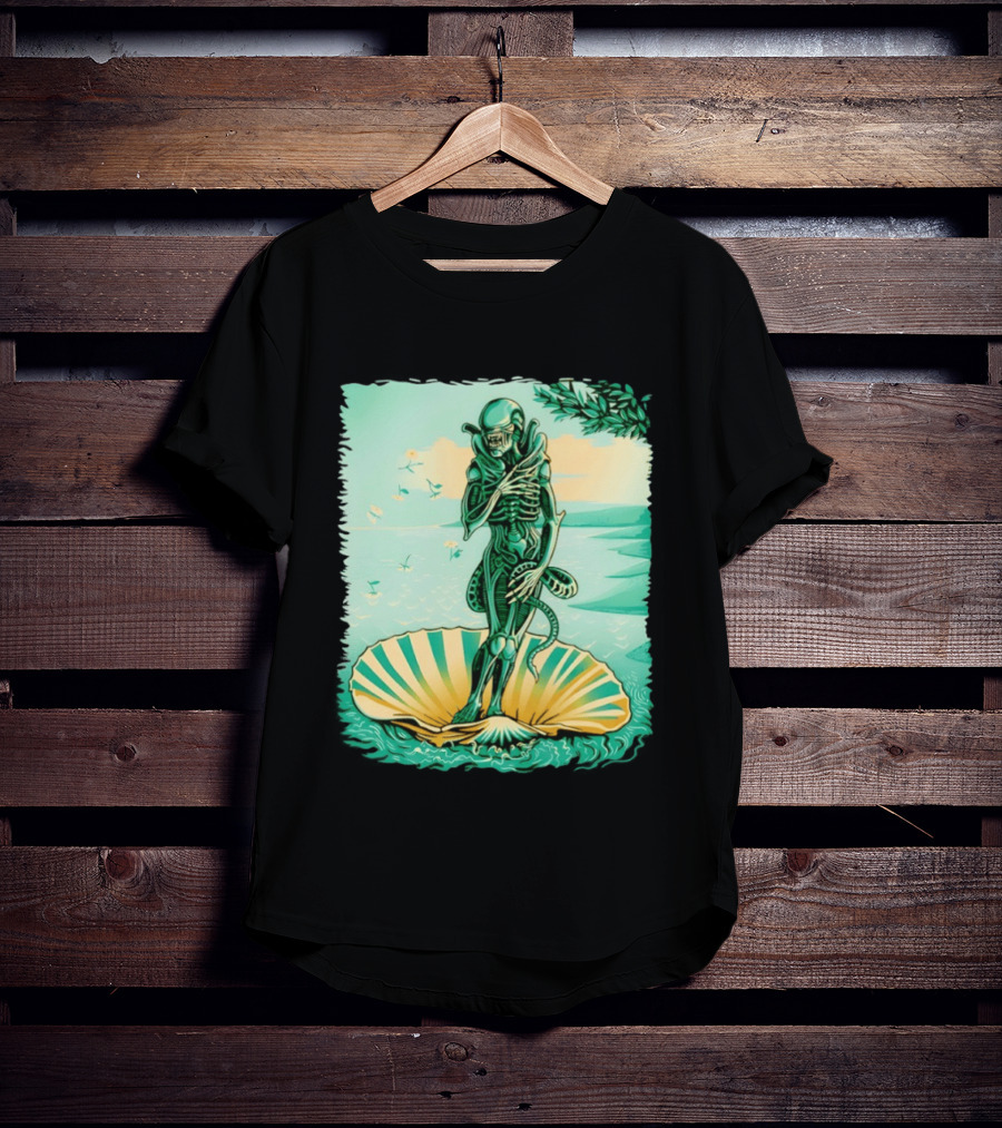 Alien Seated On Seashell The Birth Of Alienus Fusion Renaissance T-Shirt