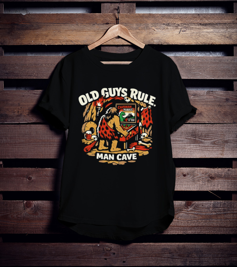 Old Guys Rule Man Cave Caveman Pinball Vintage Humor T-Shirt