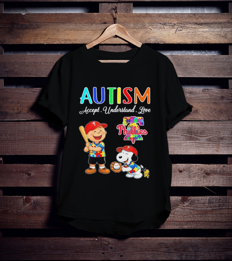 Charlie Brown Snoopy Philadelphia Phillies Autism Awareness Puzzle Piece Accept Understand Love T-Shirt