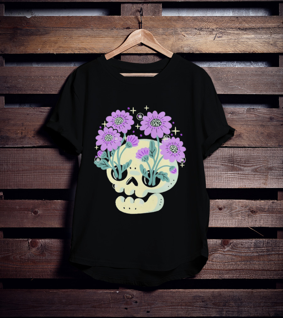 Skull With Purple Flowers And Stars Aesthetic T-Shirt