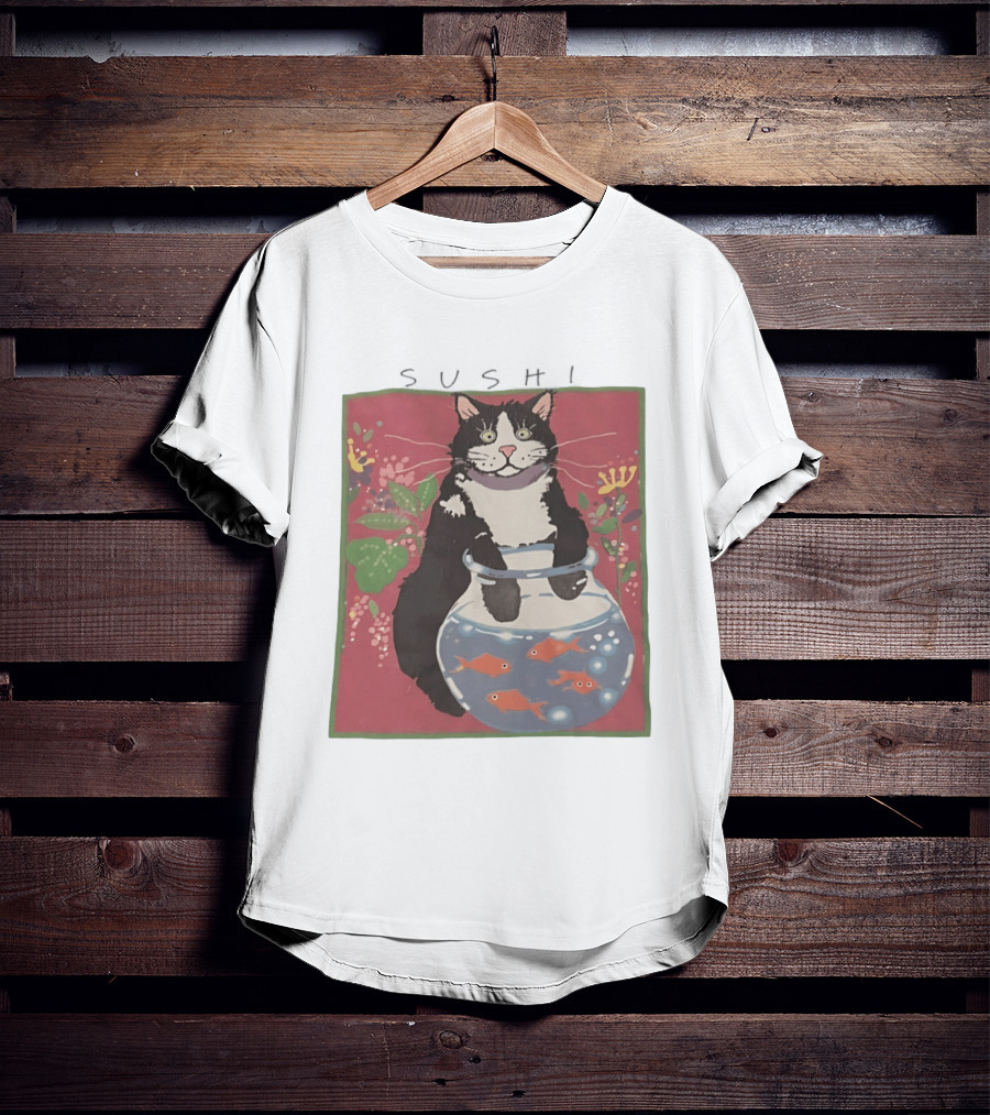 Sushi Cat Holding Fishbowl With Goldfish And Flowers T-Shirt