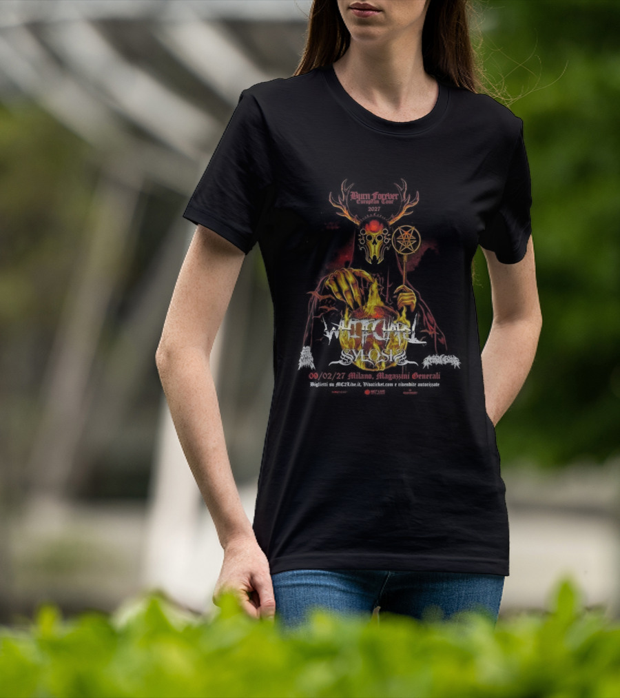 Whitechapel Burn Forever European Tour 2027 Schedule Tour Dates Demon Antlers Flames Cauldron Red Diamond Rod T-Shirt