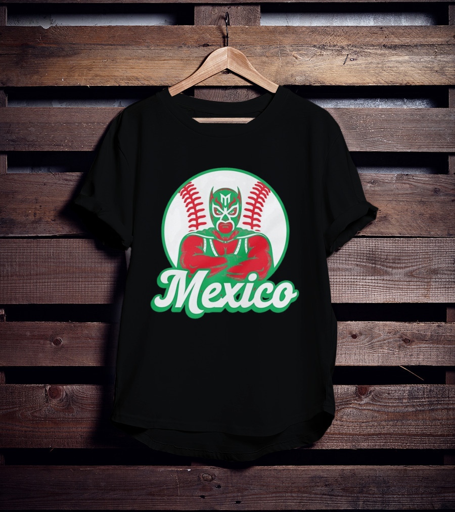 Mexico Luchador Baseball Mask Icon With Arms Crossed In Front Of Baseball Stitch T-Shirt
