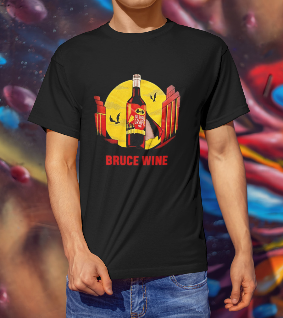 Bruce Wine The Dark Grape 2008 Bottle With Yellow Sun Bats And Gates T-Shirt
