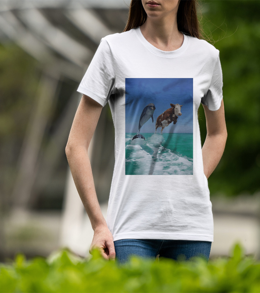 Cow And Dolphin Jumping Out Of Water Ocean Adventure T-Shirt