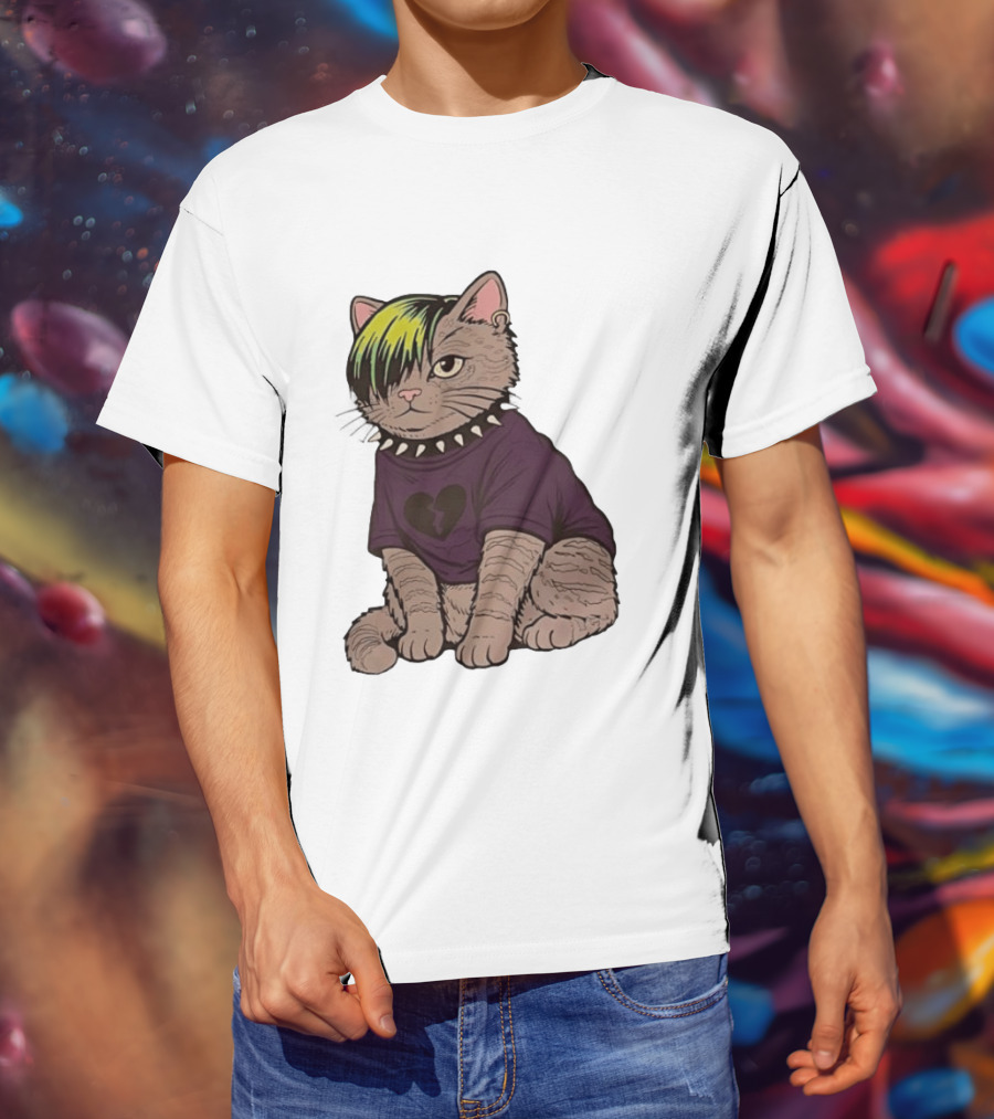 Emo Scene Cat With Heart Break Symbol And Spiked Collar T-Shirt
