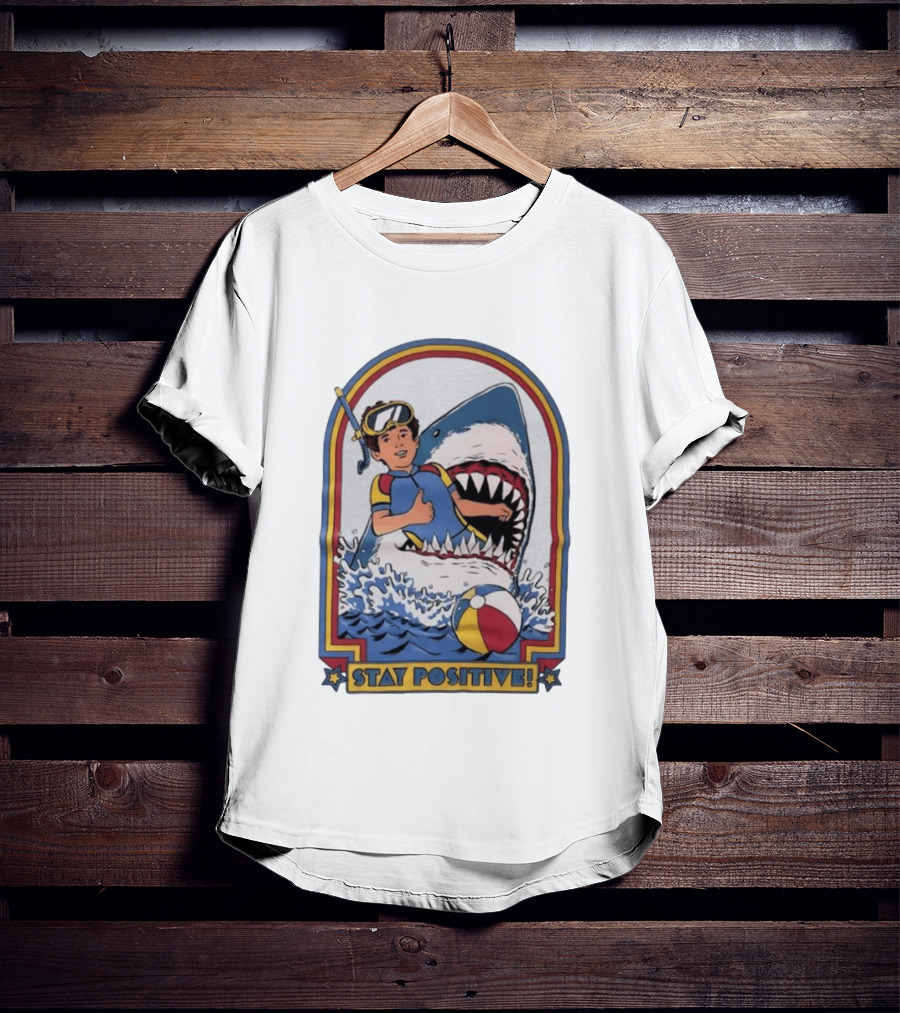 Stay Positive Scuba Boy In Great White Shark Mouth With Beach Ball T-Shirt
