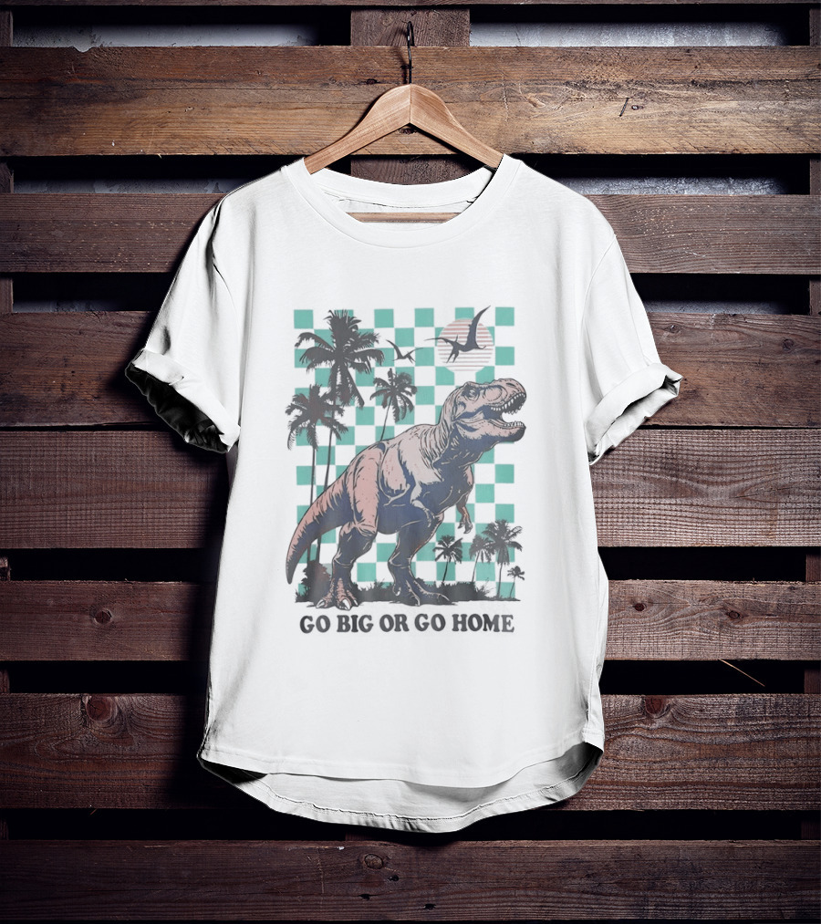 Tyrannosaurus Rex Go Big Or Go Home Palm Trees Checkerboard Sunset T-Shirt