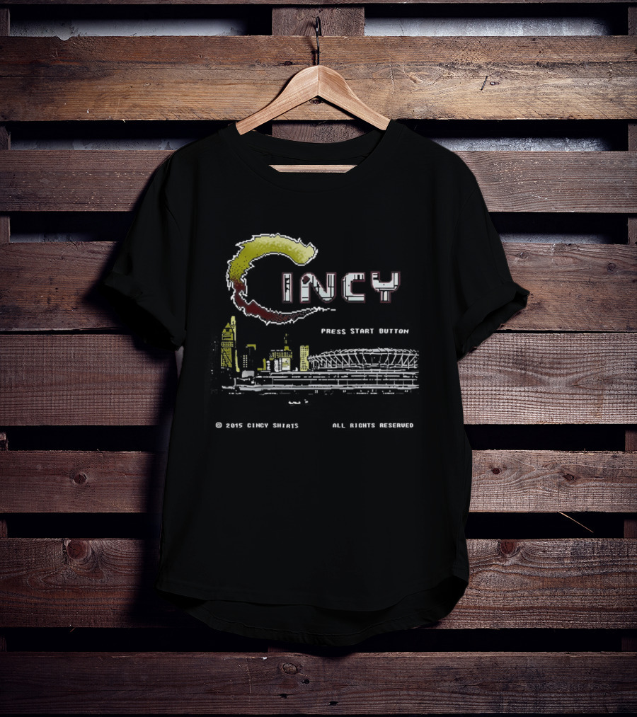 Cincy Press Start Button Pixel Game Cincinnati Reds Skyline T-Shirt