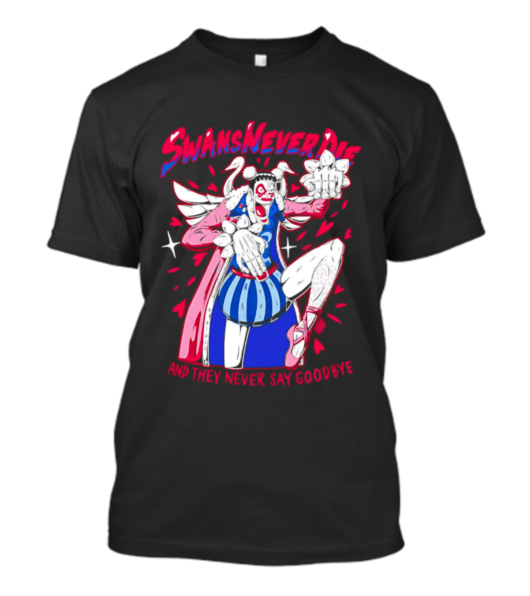 Swans Never Die And They Never Say Goodbye Winged Character Blue Striped Outfit T-Shirt