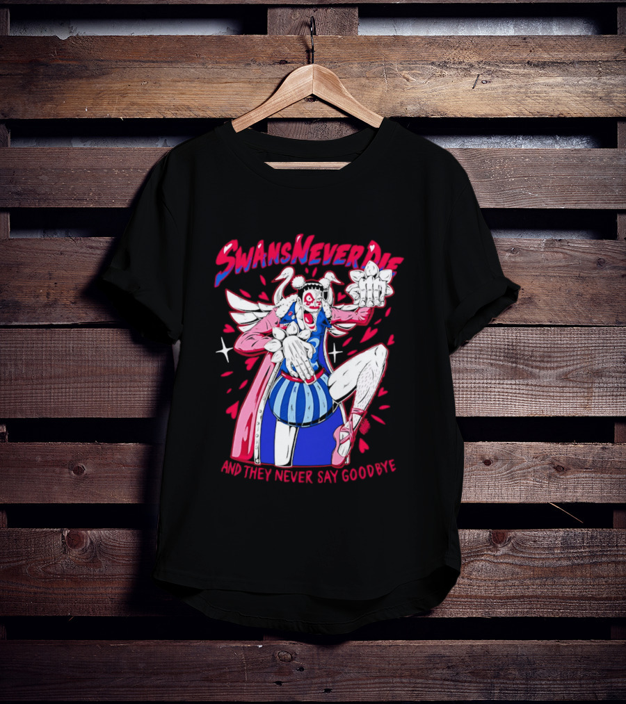 Swans Never Die And They Never Say Goodbye Winged Character Blue Striped Outfit T-Shirt