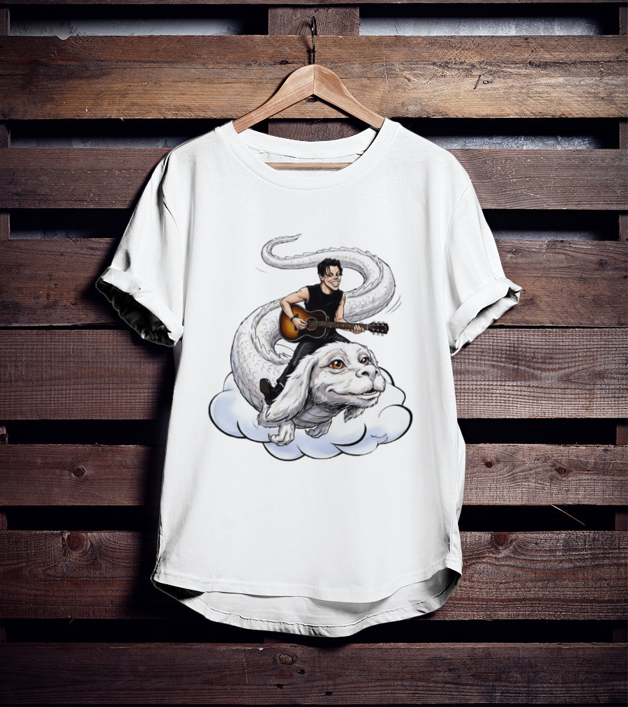 Rock God With Guitar On Falkor Flying Creature Inspired Fantasy Scene T-Shirt