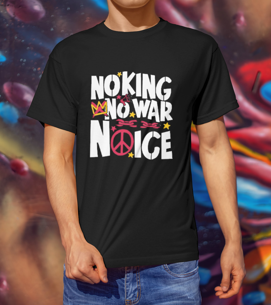 No King No War No ICE Peace Symbol Red Crown Yellow Stars T-Shirt
