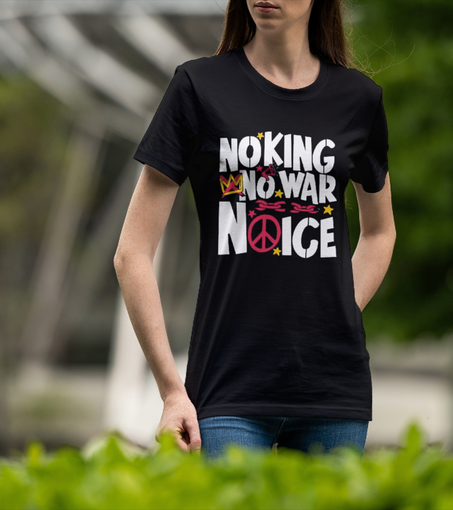 No King No War No ICE Peace Symbol Red Crown Yellow Stars T-Shirt