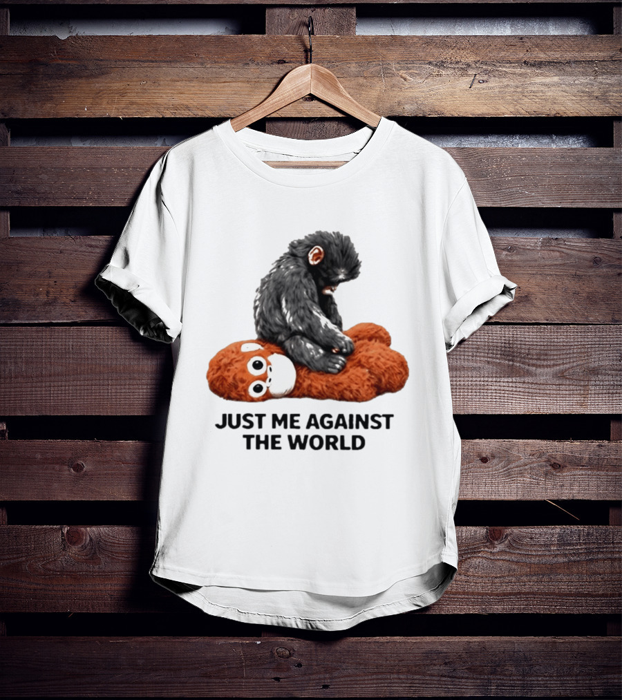 JUST ME AGAINST THE WORLD Gorilla Plush Toy Sitting On Panda T-Shirt