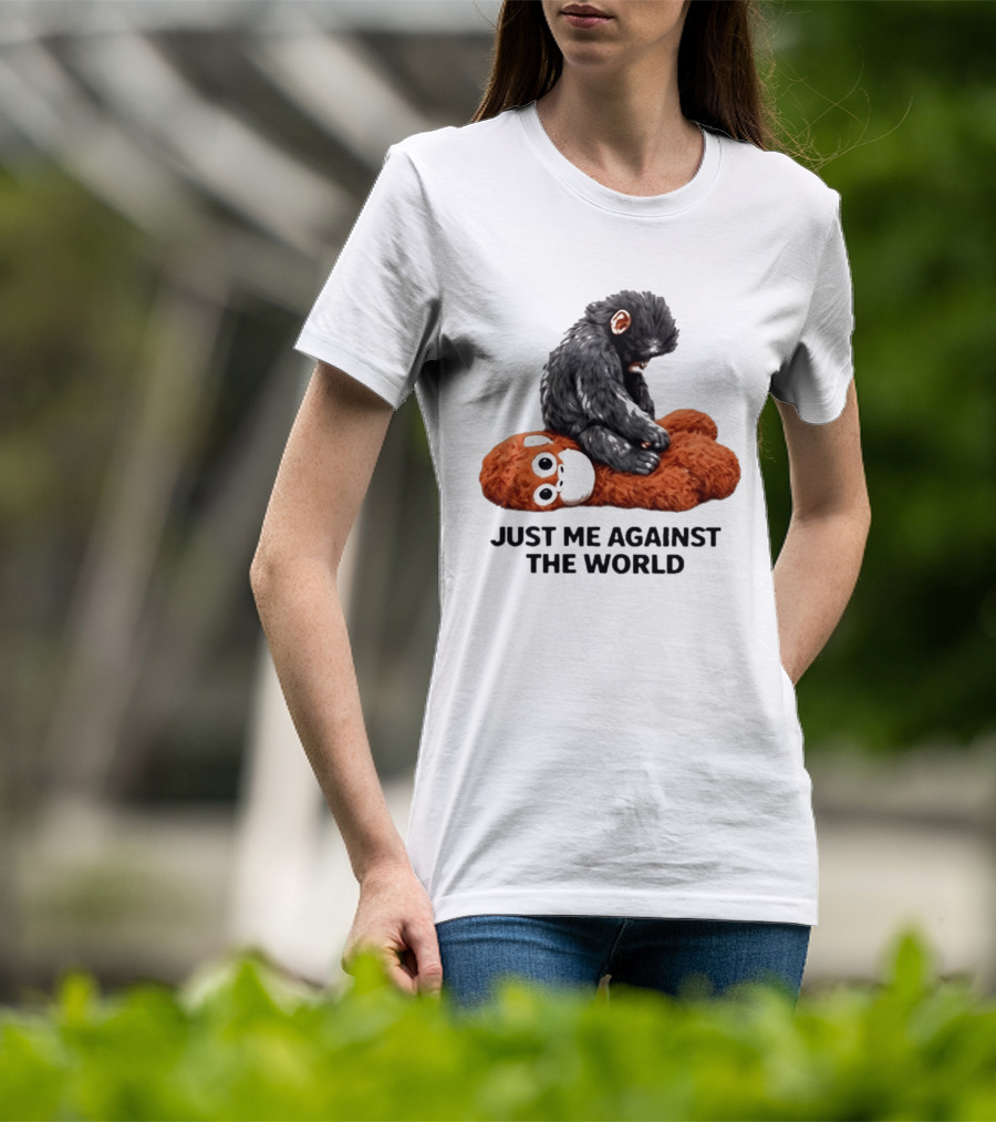 JUST ME AGAINST THE WORLD Gorilla Plush Toy Sitting On Panda T-Shirt