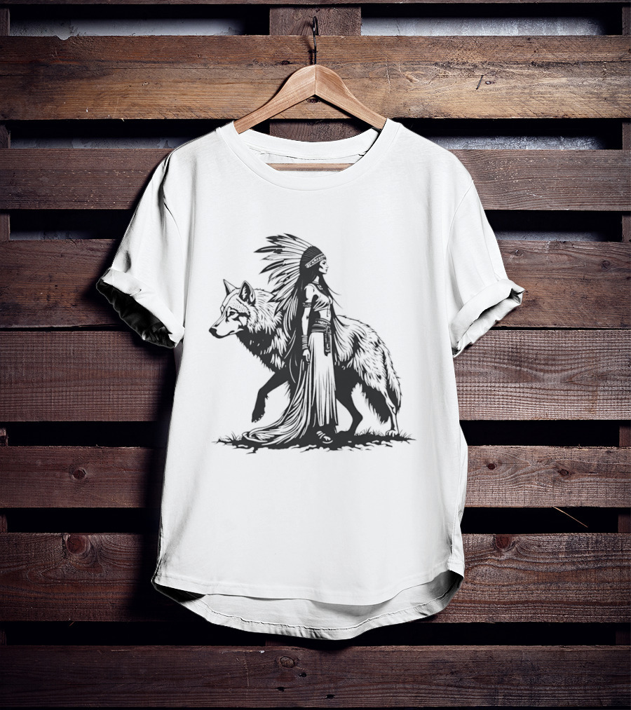 Native Woman And Wolf Connection Tribal Spirit Headdress T-Shirt